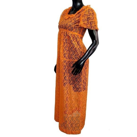 Vintage 70s Bright Orange Lace Popover Sheer Empire Waist Maxi Dress Boho Hippie - Picture 4 of 8